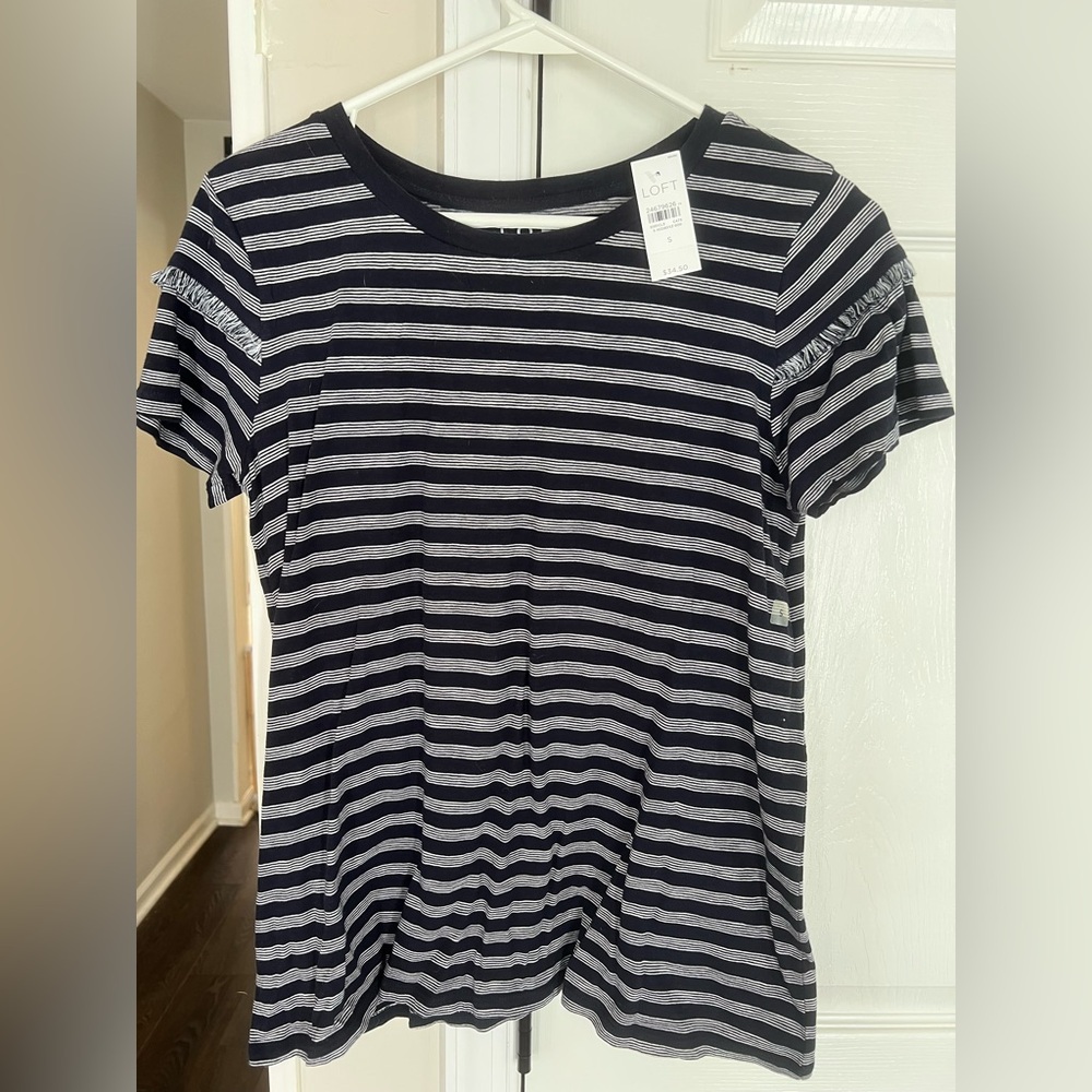 LOFT Navy and White Striped Short Sleeve Top